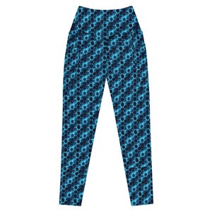 Leggings Cyberpunk Hex Grid | Pantalon de yoga bleu fluo à imprimé circuit