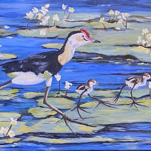 Peinture originale d'oiseaux, peinture de nénuphars, canevas à l'huile, format horizontal 10x30