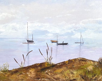 Anchored Sailboats Seascape Painting, original oil painting, Coastal Home Decor