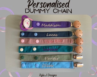 Personalised dummy chains with embroidery, Beechwood or metal clip and KAM snap clips - cursice writing