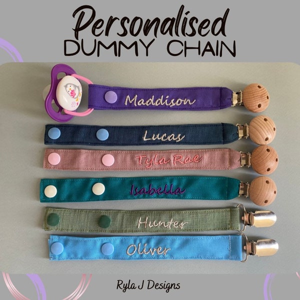 Personalised dummy chains with embroidery, Beechwood or metal clip and KAM snap clips - cursice writing