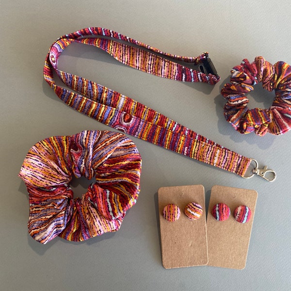 Lappi Lappi collection Indigenous print matching scrunchie, earring and lanyard. Fabric Lanyard, fabric stud button earrings