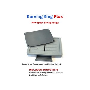 May include: A gray Karving King Plus food preparation tool with a removable cutting board. The text "Karving King Plus" and "New Space Saving Design" are displayed. The product includes a bonus item and is available in 3 colors.