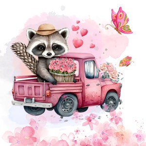 Raccoon Watercolor Clipart Nursery Decor Raccoon with Cute Pink Car Animal Flowers Watercolor Clipart Wall Decor -DIGITAL DOWNLOAD