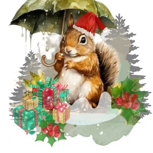Clipart de acuarela de ardilla de Navidad. PNG y fondo transparente / imágenes prediseñadas de animales festivos, uso comercial de imágenes prediseñadas.