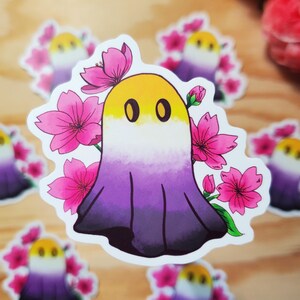 Nonbinary Pride Cherry Blossom Ghost, Matte Vinyl Sticker, Water-Resistant, Weatherproof