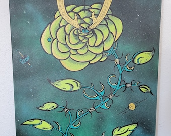 Painting rose on large canvas. Space background landscape piece