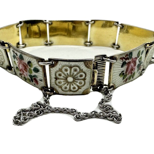 Vintage David Anderson Norway Sterling Enamel Rose Flower Bracelet White panel