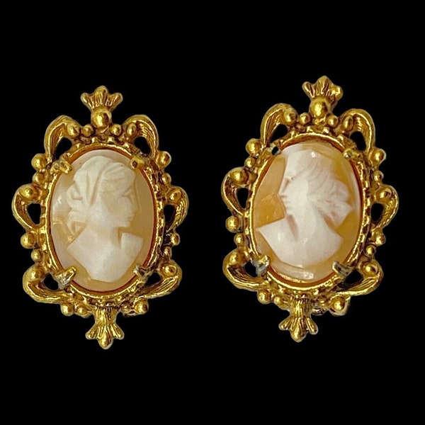 Vintage Victorian Revival Florenza Cameo Clip Earrings Shell Gold Tone Mid Cent