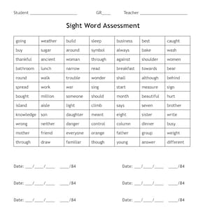 May include: A black and white printable worksheet with the title "Sight Word Assessment". The worksheet is divided into a grid with 5 columns and 12 rows. Each cell contains a common sight word.
