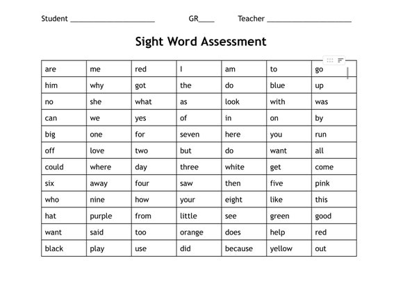 Prek Kindergarten Sight Word Assessment - Etsy
