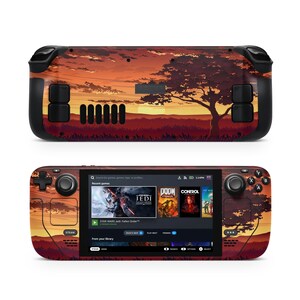 May include: A black handheld gaming console with a sunset and tree silhouette design. The screen shows a menu with recent games, including Star Wars Jedi: Fallen Order, Doom Eternal, and Control.