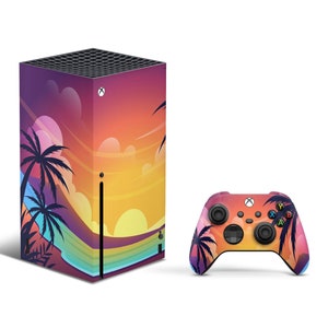 May include: An Xbox Series X console and controller with a sunset and palm tree design. The console is a black rectangular box with a colorful wrap. The controller has the same design, with black buttons and joysticks.