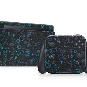 May include: Black Nintendo Switch console and controllers with a custom skin featuring a pattern of blue and teal doodles. The design includes icons like a unicorn, guitar, and peace sign. The controllers have black buttons.