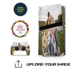 May include: A white PlayStation 5 console with a custom design featuring a family photo of a couple and their child with a dog. The console is on a white background. The image also includes a white PlayStation 5 controller with the same custom design. The text "DESIGN YOUR OWN DEVICE" is in a blue starburst shape. The text "HOLIDAY SALE 30% OFF FREE SHIPPING" is in a red circle with a green wreath. The text "UPLOAD YOUR IMAGE" is in black text.