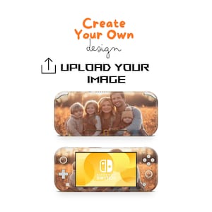 May include: Customizable Nintendo Switch Lite skin with a photo of a family of four in a field. The skin is brown and has a yellow Nintendo Switch logo. The photo shows a family of four in a field, with the father holding a young child in his arms. The mother and another child are standing next to them. The photo is in a warm, natural light.
