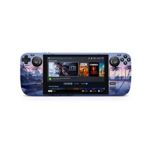 May include: A blue handheld gaming device with a sunset palm tree design. The screen shows a menu with recent games, including "Star Wars Jedi: Fallen Order", "DOOM", and "Control".