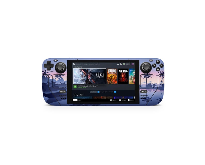 May include: A blue handheld gaming device with a sunset palm tree design. The screen shows a menu with recent games, including "Star Wars Jedi: Fallen Order", "DOOM", and "Control".