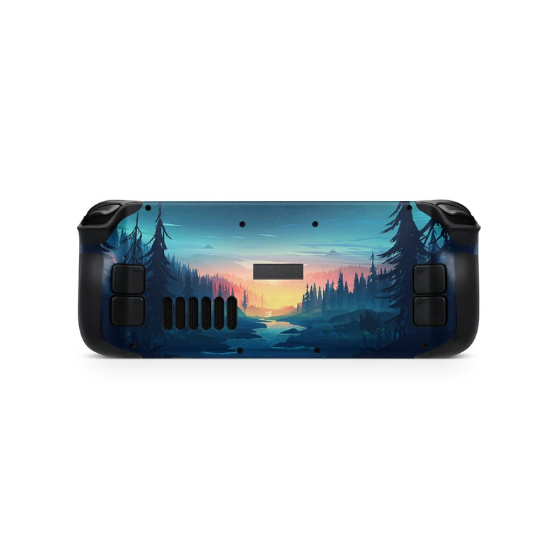 May include: A black gaming console with a colorful landscape design featuring a sunset over a forest. The console has buttons and a screen.