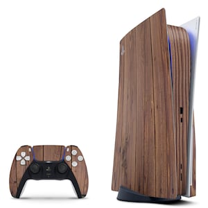 May include: A wooden-patterned skin for a PlayStation 5 console and controller. The console is white with a blue light, and the controller is black with a white PlayStation logo.