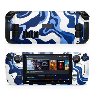 May include: A white and blue abstract swirl pattern skin for a handheld gaming device. The device has a screen displaying a Steam game library with several game titles, including "Star Wars Jedi: Fallen Order", "Doom", and "Control".
