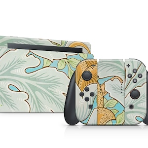 May include: A custom skin for the Nintendo Switch console and Joy-Con controllers. The design features a vintage floral pattern in shades of blue, green, and yellow.
