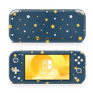 May include: A blue Nintendo Switch Lite console with a yellow star pattern. The console has a white screen with the Nintendo Switch logo and text.
