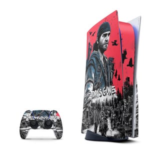 May include: A PlayStation 5 console and controller skin set. The console skin features a man in a bandana against a red background with the words "DAYS GONE". The controller skin has a matching design. The set is designed for video game enthusiasts.