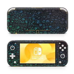 May include: A black Nintendo Switch Lite console with a colorful doodle pattern. The screen displays the Nintendo Switch logo against a yellow background. The console has buttons and a directional pad on the sides.