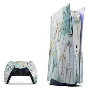 May include: A white and blue marble-patterned PlayStation 5 console with a matching controller. The console has a sleek, modern design and the controller has a comfortable grip.