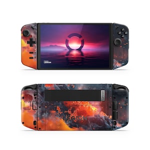 May include: A black handheld gaming device with a colorful abstract design. The device has a screen, buttons, and a Lenovo Legion logo.