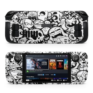 May include: A black and white Steam Deck handheld gaming console with a custom skin featuring a doodle art design. The screen displays game titles including Star Wars Jedi: Fallen Order, Doom Eternal, and Control.