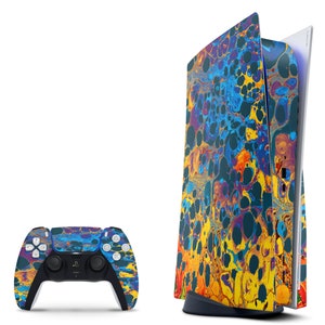 May include: A PlayStation 5 console and controller skin set. The console and controller feature a vibrant, abstract design with swirls of blue, yellow, orange, and purple. The controller has black buttons and joysticks.