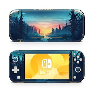 May include: A blue and yellow Nintendo Switch Lite console with a forest scene on the back. The console has a white screen with the Nintendo Switch logo and text.