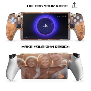 May include: A white and brown custom designed Playstation 5 controller with a family photo on the back. The photo shows a family of four, including two adults and two children. The controller is shown with the front and back sides visible.