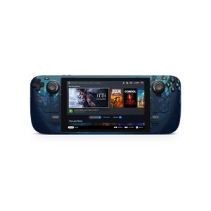 May include: A blue and black handheld gaming device with a screen displaying the Steam interface. The screen shows recent games, including "Star Wars Jedi: Fallen Order", "DOOM", and "Control".