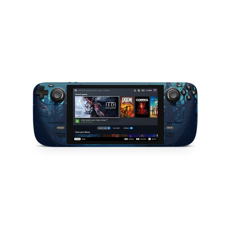 May include: A blue and black handheld gaming device with a screen displaying the Steam interface. The screen shows recent games, including "Star Wars Jedi: Fallen Order", "DOOM", and "Control".