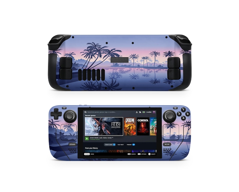 May include: A purple and blue handheld gaming console with a tropical sunset design. The console has a screen displaying a menu with game titles like "Star Wars Jedi: Fallen Order" and "DOOM Eternal".