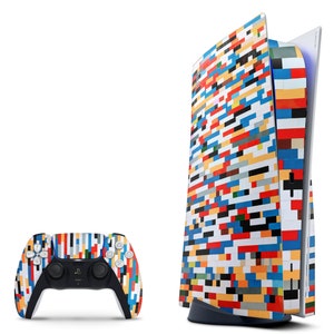 May include: A white PlayStation 5 console with a colorful, pixelated design. The console is standing upright and has a matching controller.