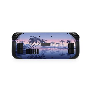 May include: A black and blue gaming console skin with a tropical sunset and palm trees reflected in the water.