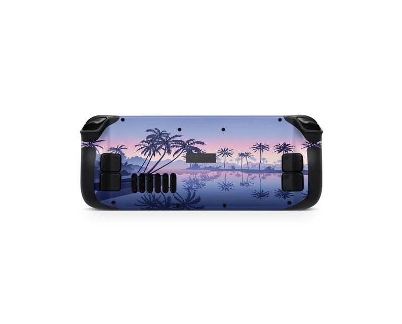May include: A black and blue gaming console skin with a tropical sunset and palm trees reflected in the water.