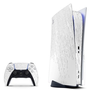 May include: A white PlayStation 5 console with a white controller. The console has a unique patterned design and the controller has a similar pattern.