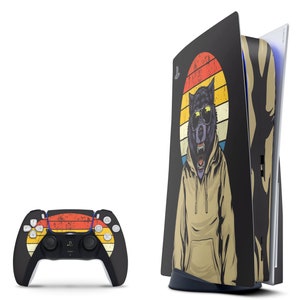 May include: A black and white PlayStation 5 console with a custom skin featuring a wolf wearing sunglasses and a hoodie against a retro sunset background. The console is shown with a matching black and white controller with a retro sunset design.