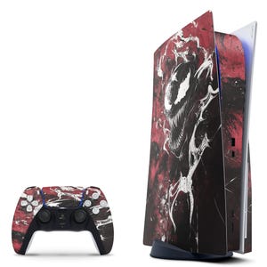 May include: A black and red video game console skin featuring a white and black illustration of Venom, a Marvel Comics character. The skin is designed to fit the PlayStation 5 console.