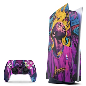 May include: A purple, yellow and blue PlayStation 5 console skin featuring a portrait of a basketball player wearing a purple jersey with the word "Lakers" on it. The skin also features a basketball logo and abstract designs.