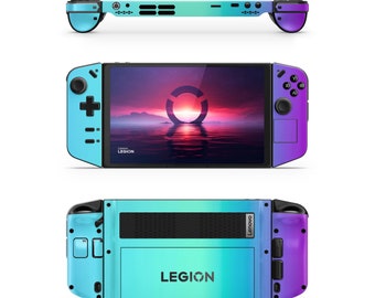 May include: A blue and purple handheld gaming console with a black screen displaying a sunset scene. The console has a Lenovo Legion logo and buttons on the sides.