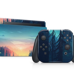 Puede incluir: Una piel para consola y mando de Nintendo Switch con un diseño de bosque y puesta de sol azul y morado.