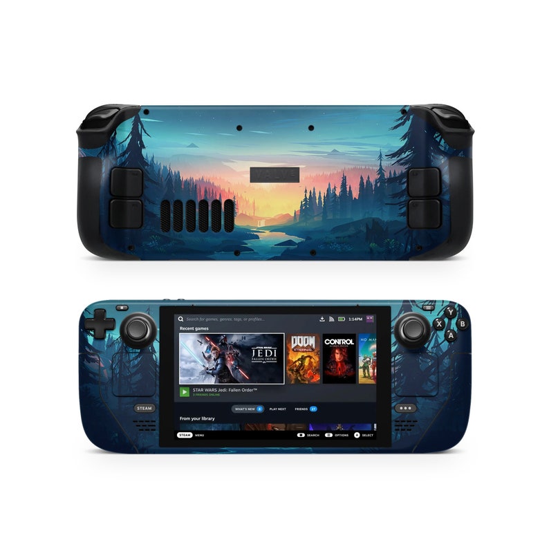 May include: A blue and black handheld gaming console with a forest scene on the back. The screen shows a menu with recent games, including Star Wars Jedi: Fallen Order, DOOM Eternal, and Control.
