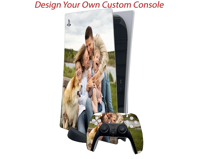 Custom PlayStation 5 skin decal featuring personalized design and vibrant colors, enhancing the appearance of the console while offering protection against scratches and wear.