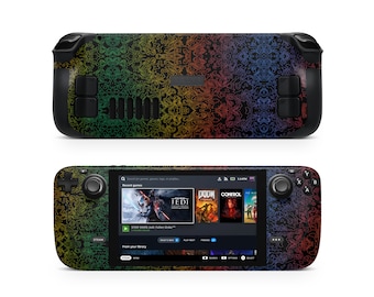 Könnte beinhalten: Eine schwarze Handheld-Spielekonsole mit einem farbenfrohen Muster. Auf dem Bildschirm sind Spiele wie "STAR WARS Jedi: Fallen Order" und "DOOM" zu sehen. Die Konsole verfügt über Tasten, Joysticks und einen Touchscreen.